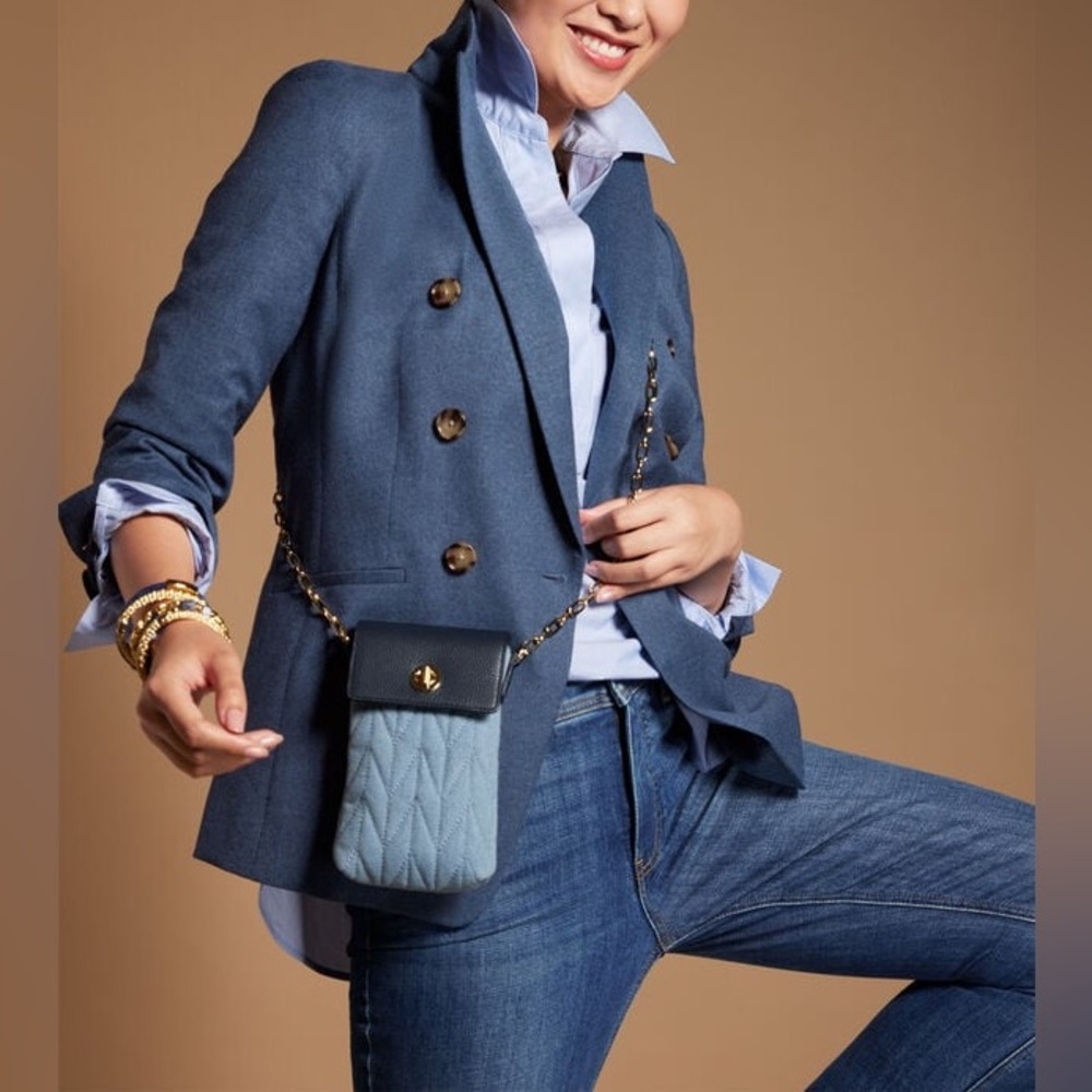 Talbots Luxe Italian Stretch Flannel Wool Double Breasted Blue Blazer Size 16